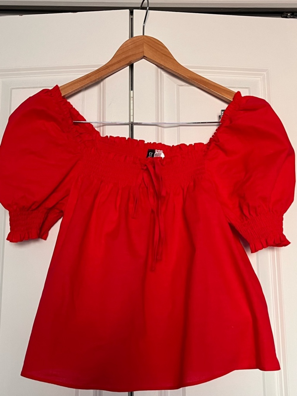 H&M Red Puff-Sleeve Smocked Off-Shoulder Top